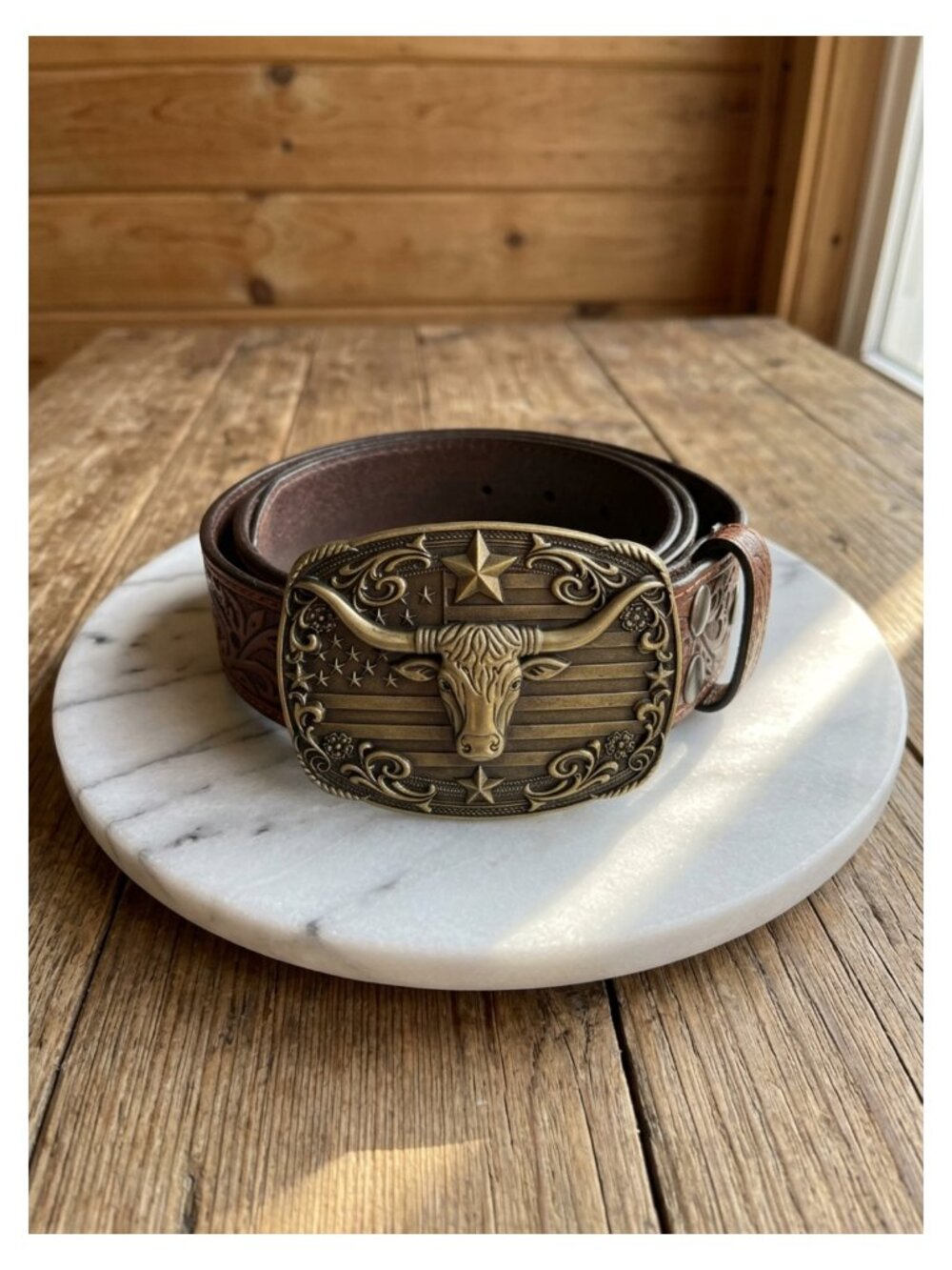 Western Cowboy Belt Leather Bull Buckle 1.5 Inch Adjustable